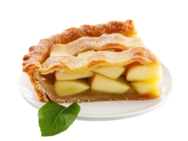 Apple pie slice on a plate with fresh apples and a leaf png