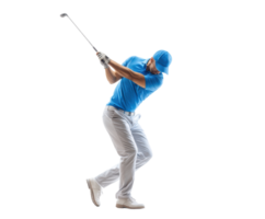 Golf swing technique by a golfer in a blue outfit for sports practice png