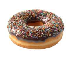Chocolate donut with colorful sprinkles on a soft dough base png