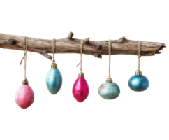 Decorative Easter eggs hanging from a rustic branch for celebration png