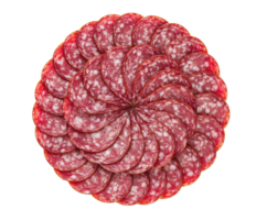 Sliced salami arranged in an artistic circular design for culinary use png