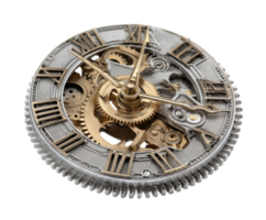 Intricate antique clock design with gears and Roman numerals png