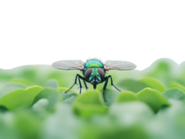 Close-up view of a colorful fly resting on vibrant green leaves png