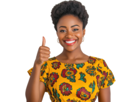 Woman smiling and giving thumbs up in colorful attire png