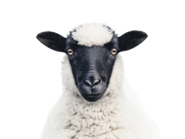 Sheep with black face and white fleece on plain background png