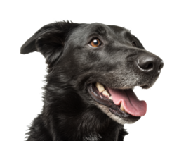 Black dog with joyful expression at playful moment in studio png
