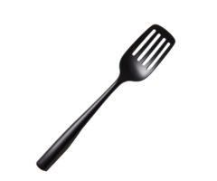 Black slotted spatula resting on a white background png
