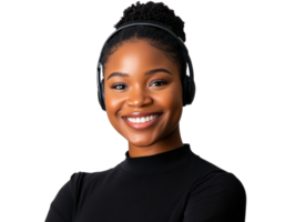 Smiling woman with headphones in a studio setting png