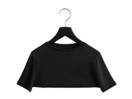 Stylish black cropped shirt displayed on a hanger in a studio png