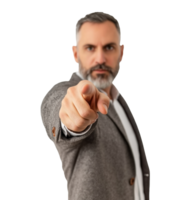 Man in a grey blazer points and makes a serious expression png