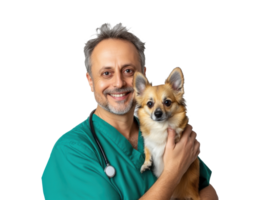 Veterinarian smiles while holding a small dog in a clinic png