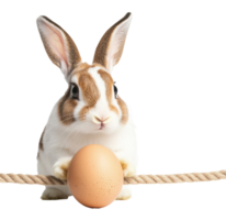 Rabbit with an egg on a rope in a plain background setting png