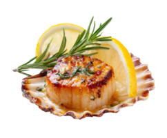 Grilled scallops with lemon and rosemary on a shell png