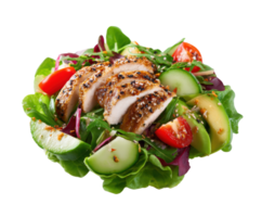 Delicious grilled chicken salad with fresh vegetables and dressing png