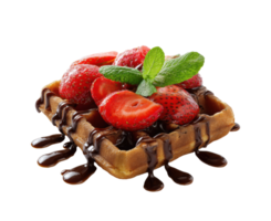 Waffles with strawberries and chocolate drizzle for dessert png