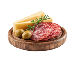 Cheese and salami platter with olives and herbs for appetizer png