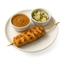 Simple Satay Skewers with Peanut Sauce and Fresh Vegetables Plate png