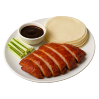 Sliced Peking Duck with Vegetables and Sauce on a White Plate png
