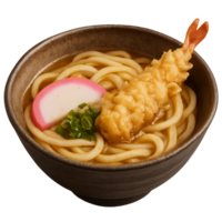 Delicious Udon Noodle Bowl with Tempura Shrimp and Fresh Toppings png