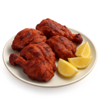 Delicious Tandoori Chicken on a White Plate with Lemon Slices png