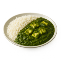 Creamy Spinach Paneer with Basmati Rice on a White Plate png