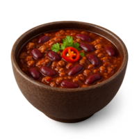Spicy Chili Bowl with Beans and Pepper Garnish in Wooden Dish png