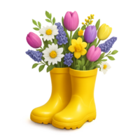 Vibrant Floral Arrangement in Yellow Rain Boots for Spring Decor png
