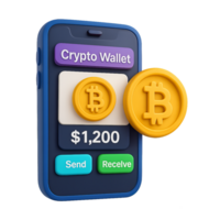 Simple 3D Icon of a Mobile Crypto Wallet with Bitcoin Coin png