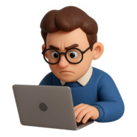 3D Character Focused on Laptop Research and Simple Task Solution png