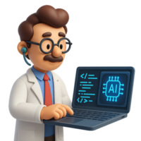 3D Scientist Working on AI Coding with Laptop and Modern Technology png