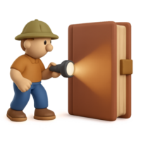 Explorer with Flashlight Investigating a Book in a Playful Scene png