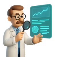 Scientist Analyzing Holographic Data with Magnifying Glass and Charts png