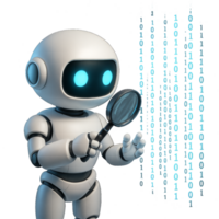 robô analisando código com ampliação vidro em digital dados corrente png