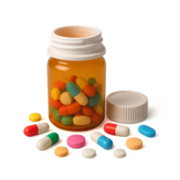 Colorful Pills Display in Open Bottle on White Background png