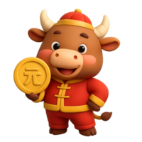 Festive Ox Character Holding a Coin in Traditional Attire png