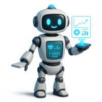 Friendly Futuristic Robot Assistant Holding Smartphone with Data png