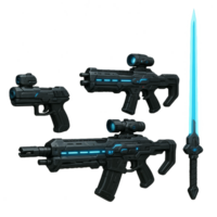 Futuristic Weapons Display Featuring Advanced Sci-Fi Designs png
