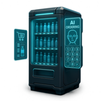 Futuristic AI Vending Machine with Digital Interface and Ordering System png