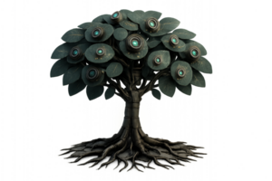 Futuristic Mechanical Tree with Unique Leaf Designs and Roots png