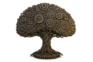 3D Metallic Tree Design with Gears and Intricate Texture Elements png