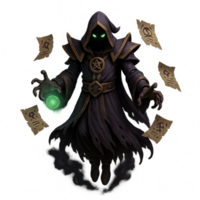 Warlock Floating with Cursed Scrolls and Magical Energy Effect png