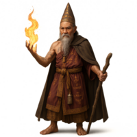 Ancient Sorcerer Casting Spell with Magical Flame in Mystical Setting png