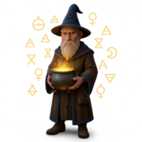 3D Alchemy Wizard Master with Magical Potion and Symbols png