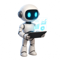 3D Robot Holding Tablet Displaying Data and Graphs in Modern Style png