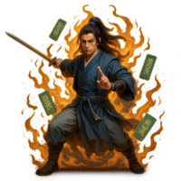 Master of Flames Wielding a Sword in a Dynamic Battle Pose png