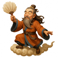 Taoist Immortal Riding a Cloud with a Fan in Traditional Attire png
