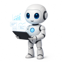 Friendly 3D Robot Holding Tablet with Digital Graphics Design png