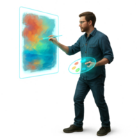 Holographic Art Creation with Vibrant Colors and Painter Interaction png