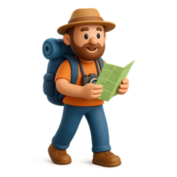 Adventurous Traveler with Map in 3D Style for Creative Projects png