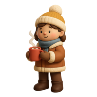 Cozy Winter Character Holding Hot Beverage in Warm Outfit png